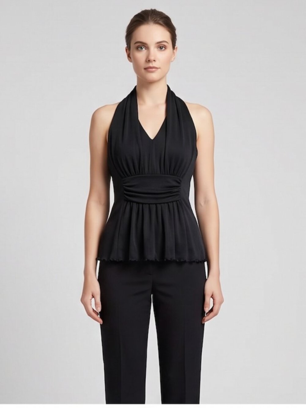 Black Ruched Empire Waist Halter Top | Sheer Mesh Layered Cami Tank